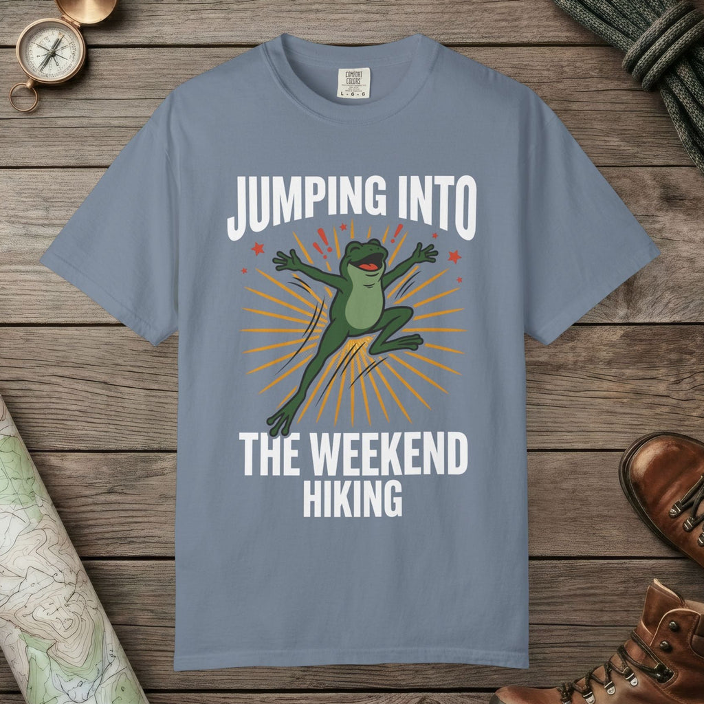 Blue Jean color unisex graphic t-shirt with "Frog Weekend Hiking" design