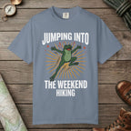 Blue Jean color unisex graphic t-shirt with "Frog Weekend Hiking" design