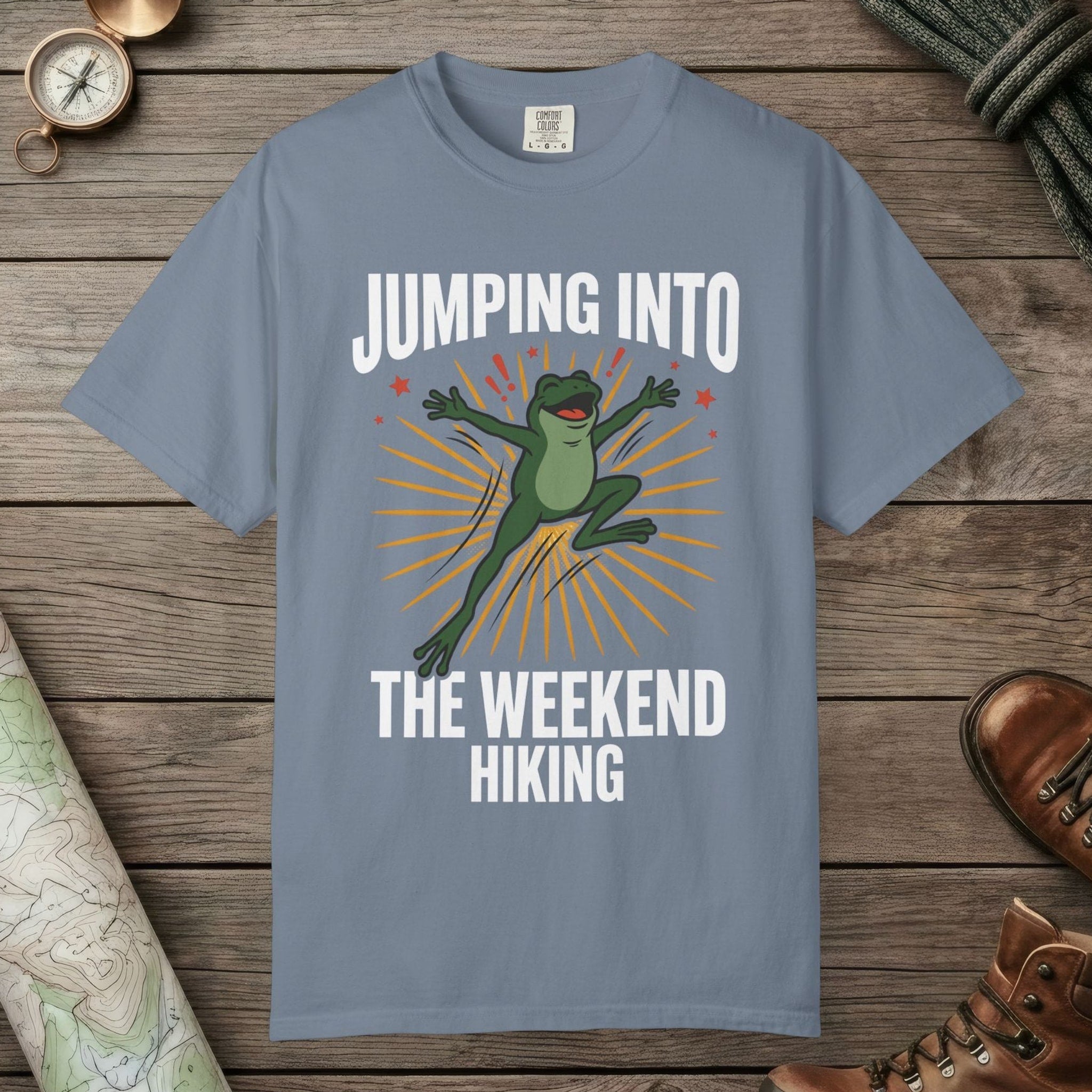 Blue Jean color unisex graphic t-shirt with "Frog Weekend Hiking" design