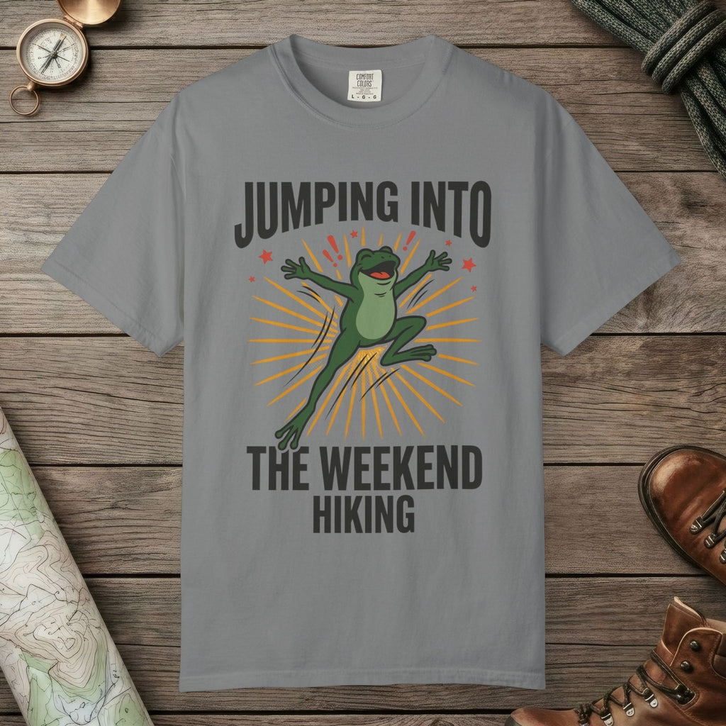 Grey color unisex graphic t-shirt with "Frog Weekend Hiking" design