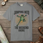 Grey color unisex graphic t-shirt with "Frog Weekend Hiking" design
