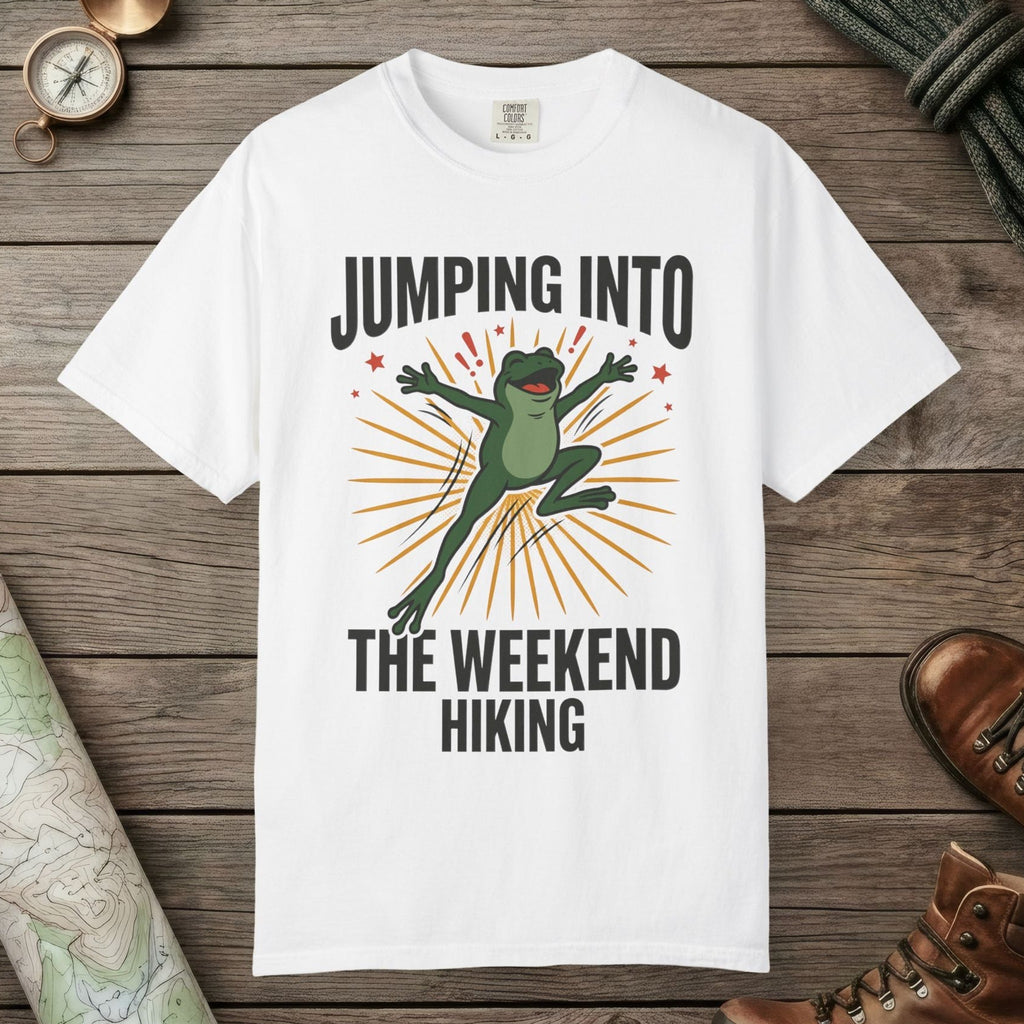 White color unisex graphic t-shirt with "Frog Weekend Hiking" design