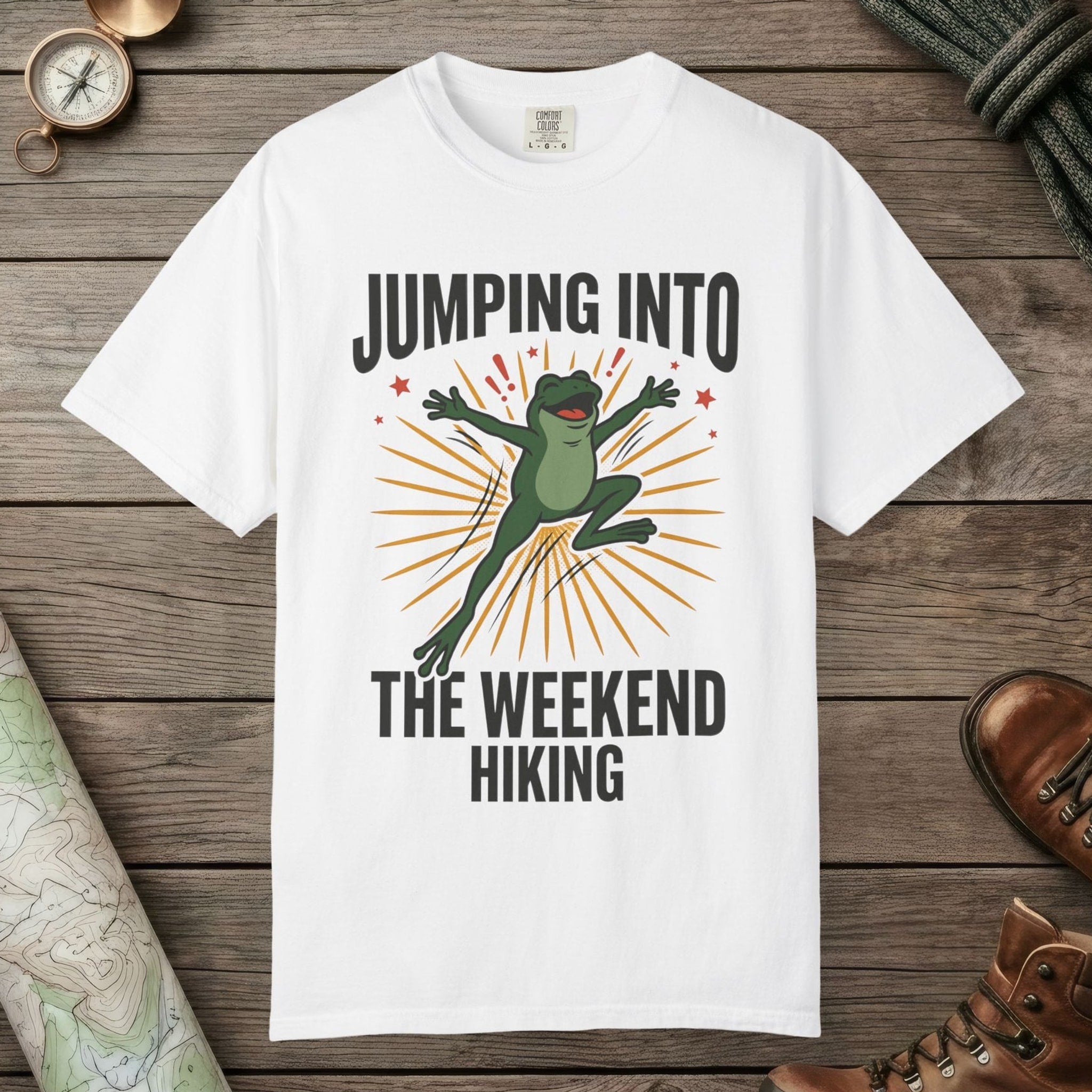 White color unisex graphic t-shirt with "Frog Weekend Hiking" design
