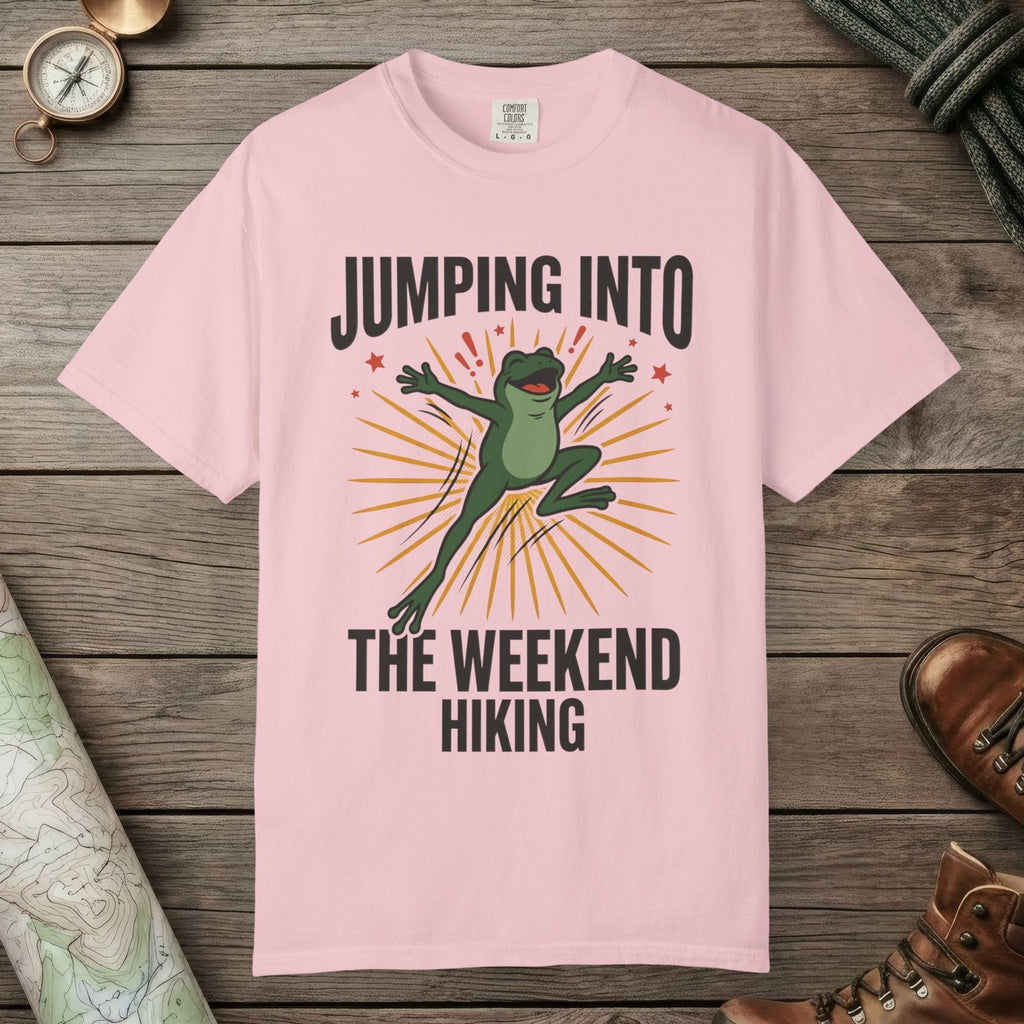 Blossom color unisex graphic t-shirt with "Frog Weekend Hiking" design