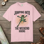 Blossom color unisex graphic t-shirt with "Frog Weekend Hiking" design