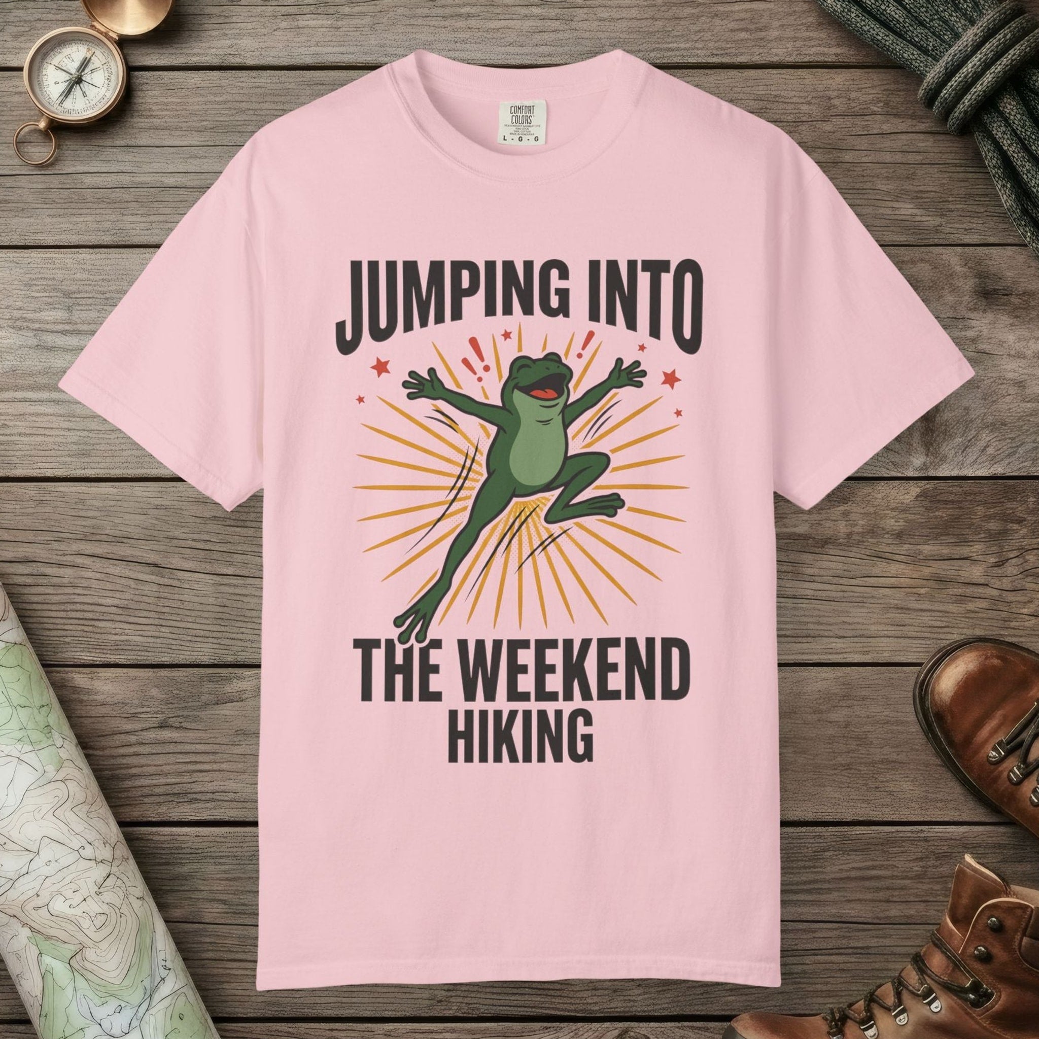 Blossom color unisex graphic t-shirt with "Frog Weekend Hiking" design