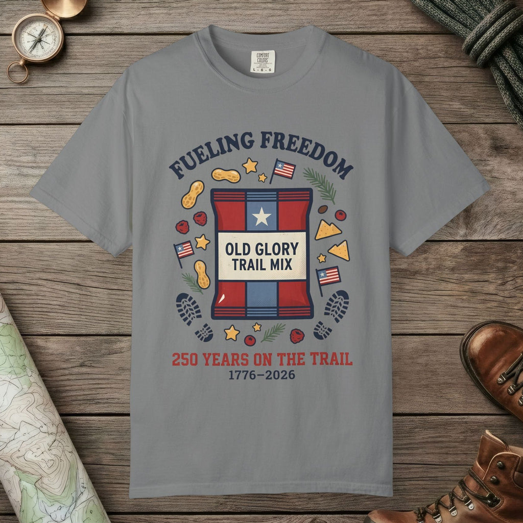 Grey color unisex graphic t-shirt with "Fueling Freedom" design