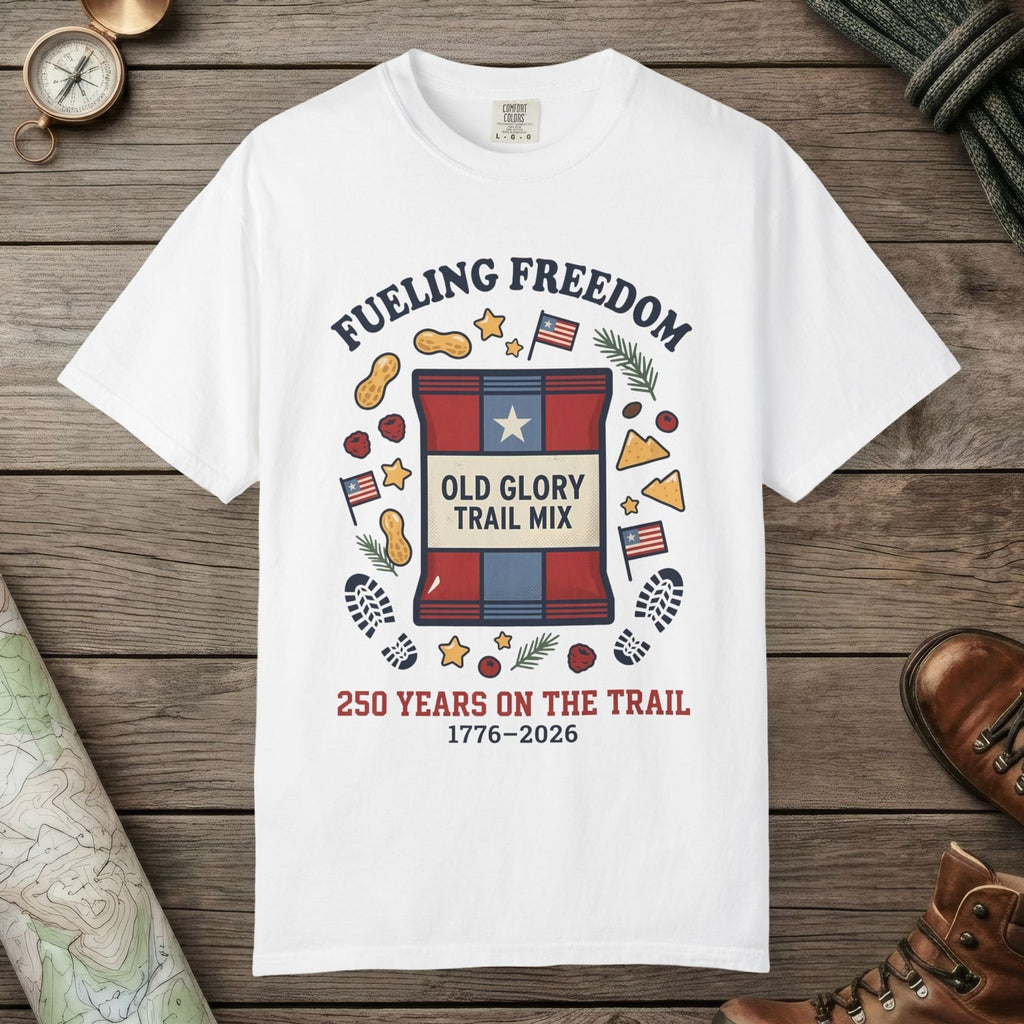 White color unisex graphic t-shirt with "Fueling Freedom" design