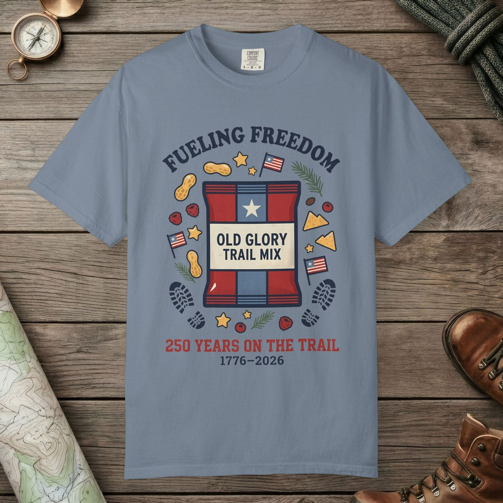 Blue Jean color unisex graphic t-shirt with "Fueling Freedom" design
