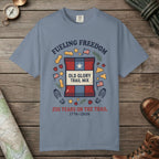 Blue Jean color unisex graphic t-shirt with "Fueling Freedom" design