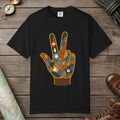 Black color unisex graphic t-shirt with "Funky Peace" design