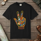 Black color unisex graphic t-shirt with "Funky Peace" design