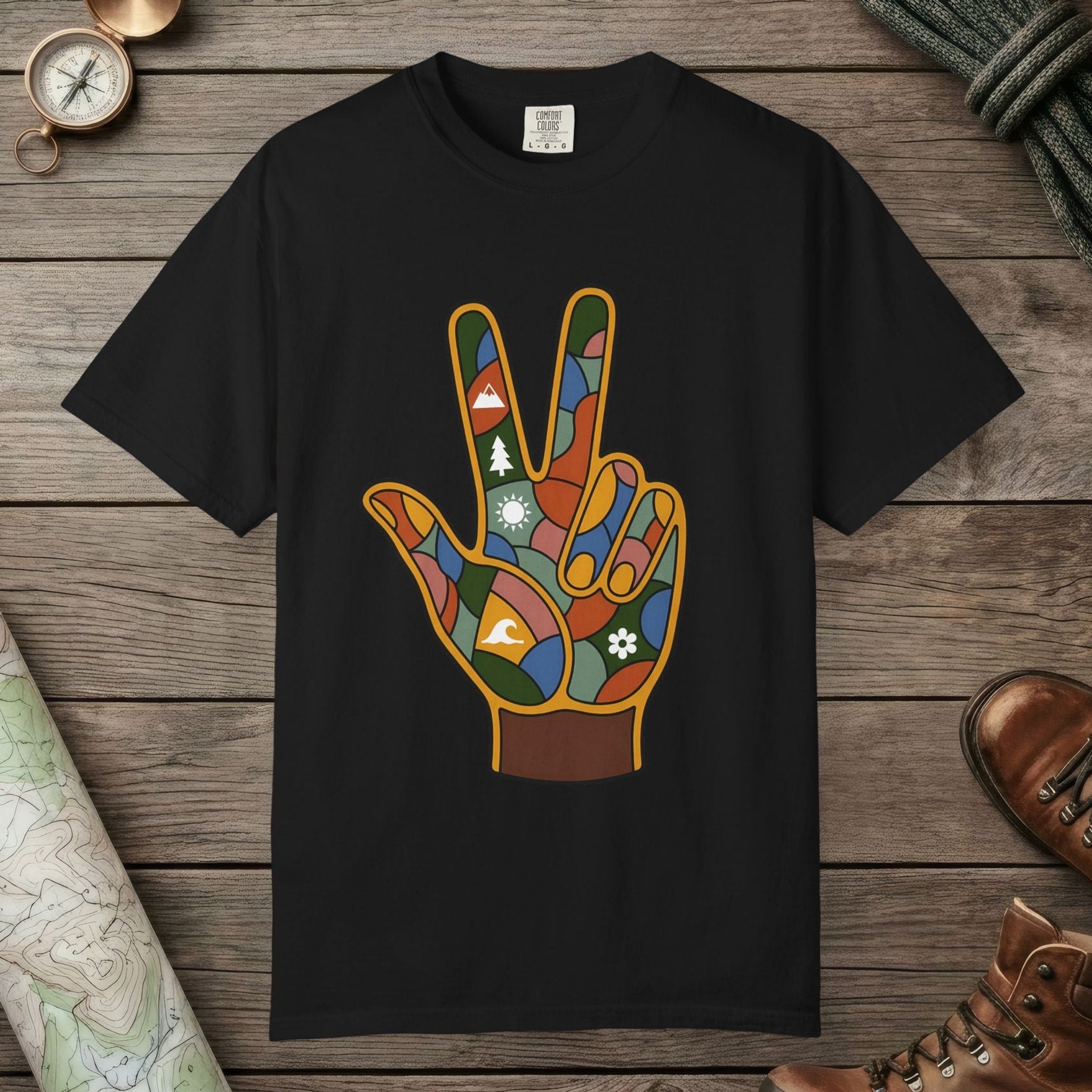 Black color unisex graphic t-shirt with "Funky Peace" design
