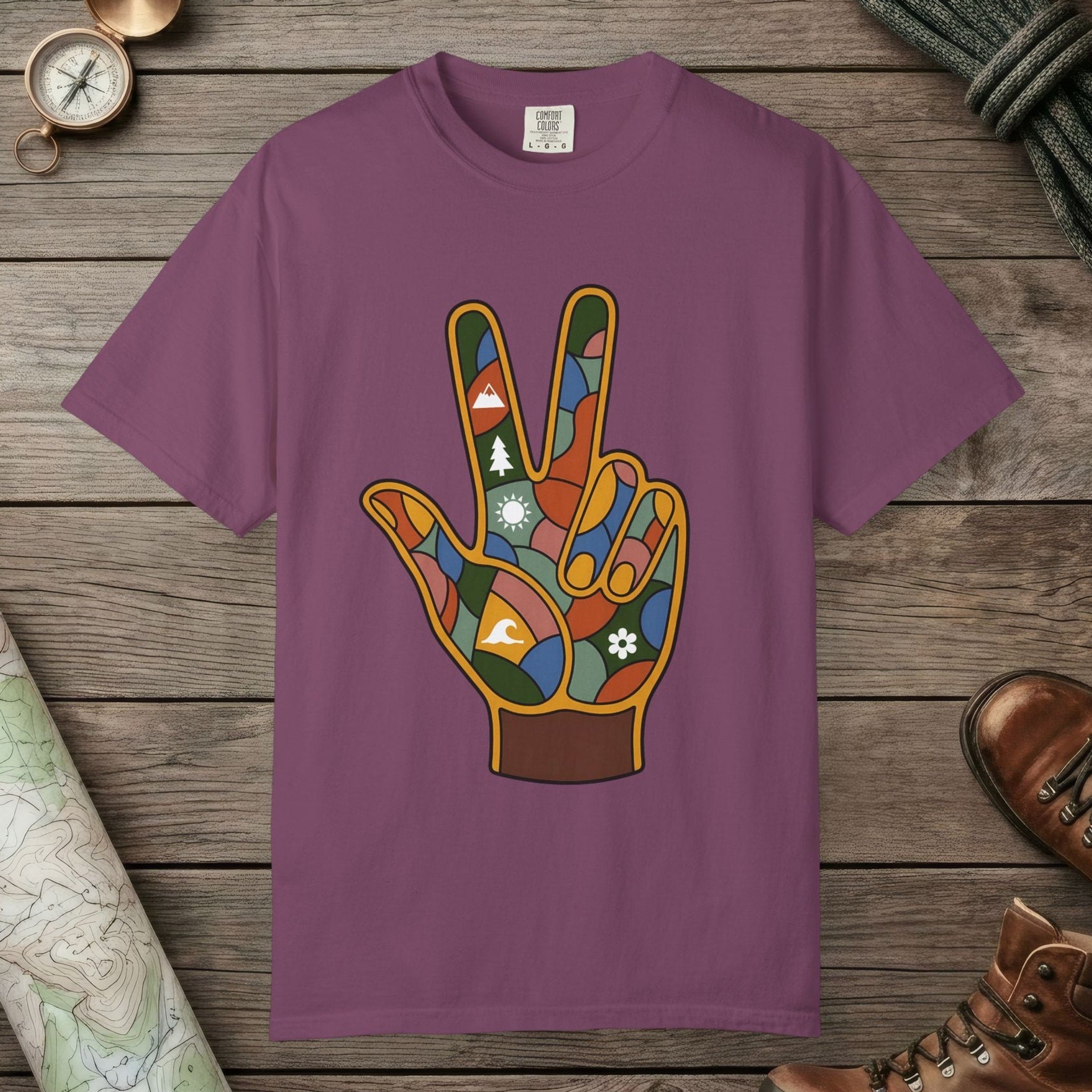 Berry color unisex graphic t-shirt with "Funky Peace" design