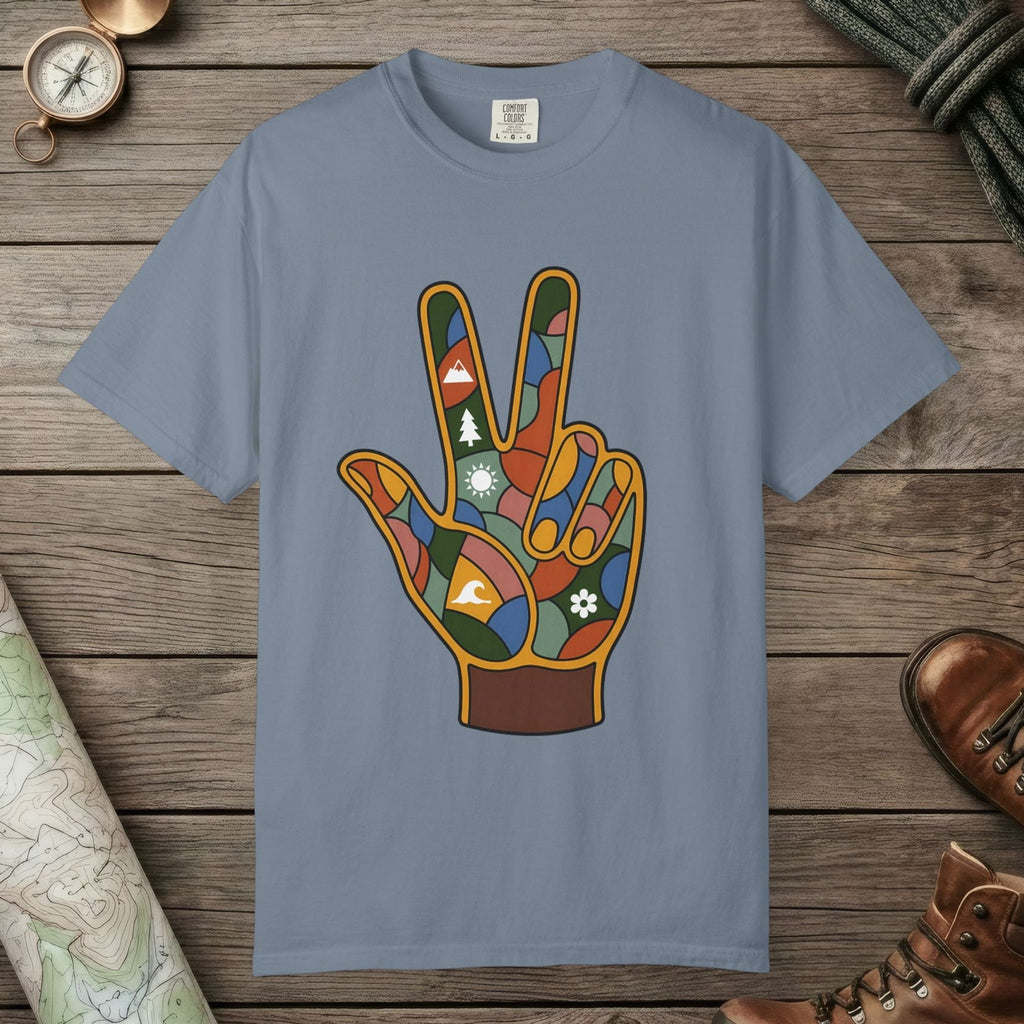 Blue Jean color unisex graphic t-shirt with "Funky Peace" design