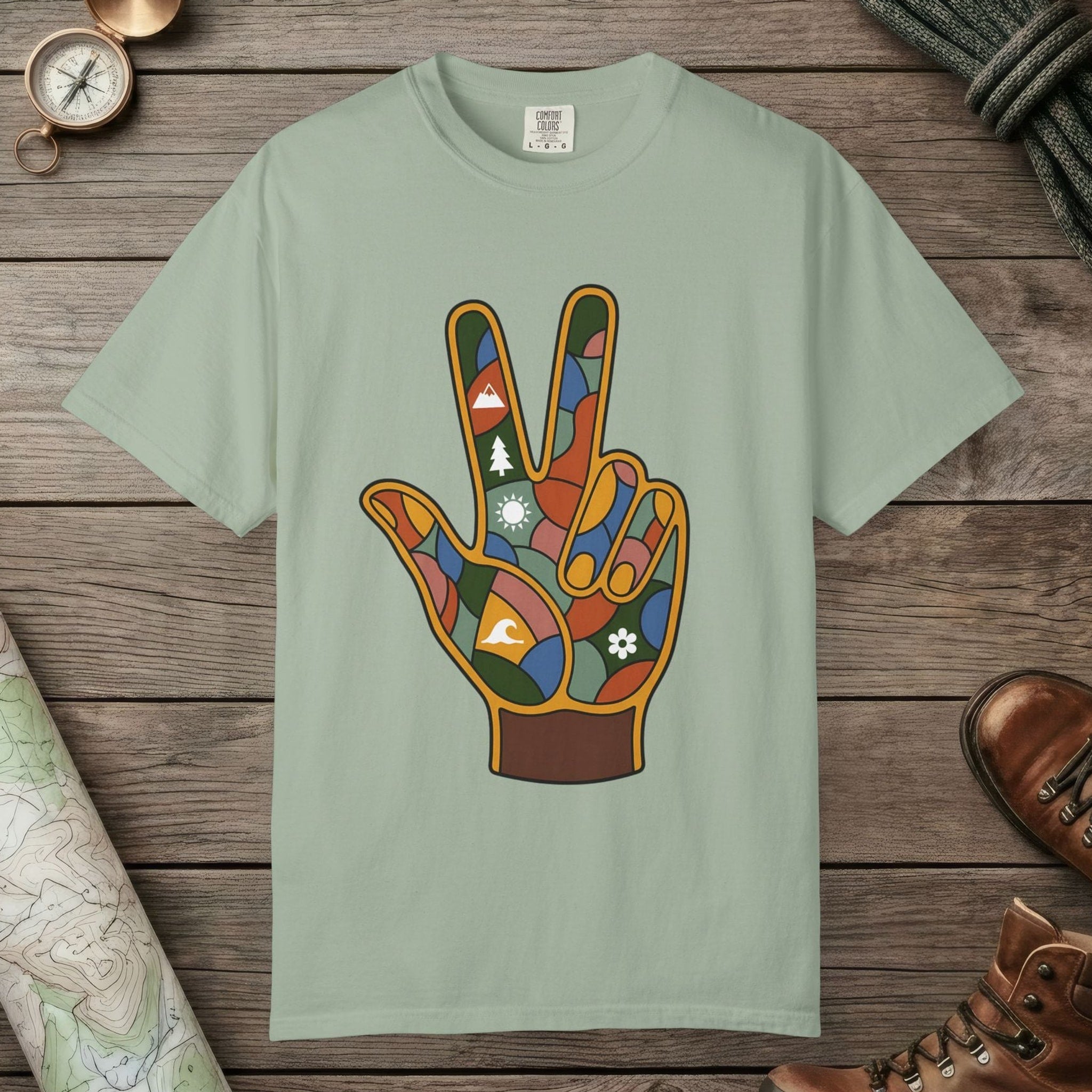 Bay color unisex graphic t-shirt with "Funky Peace" design