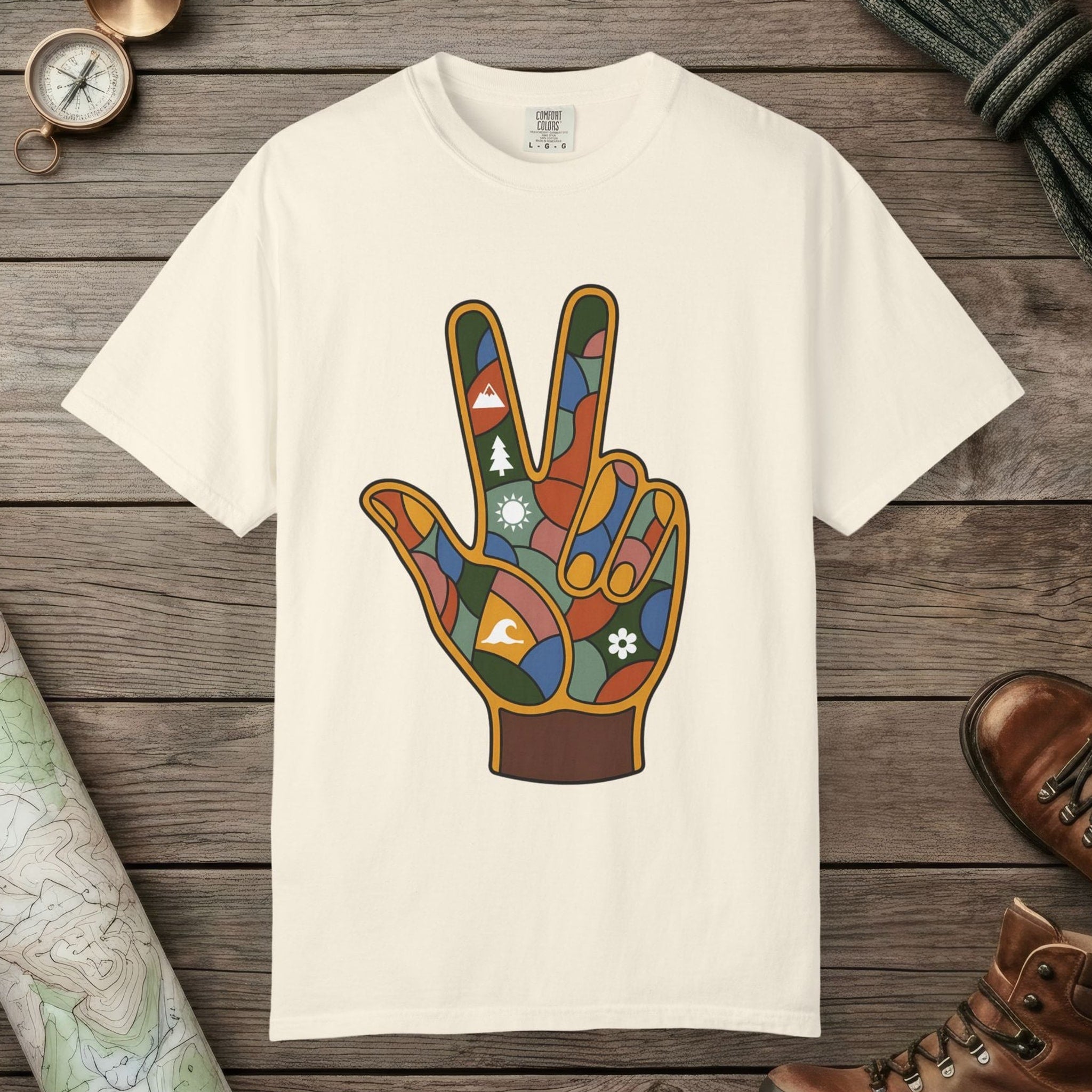 Ivory color unisex graphic t-shirt with "Funky Peace" design