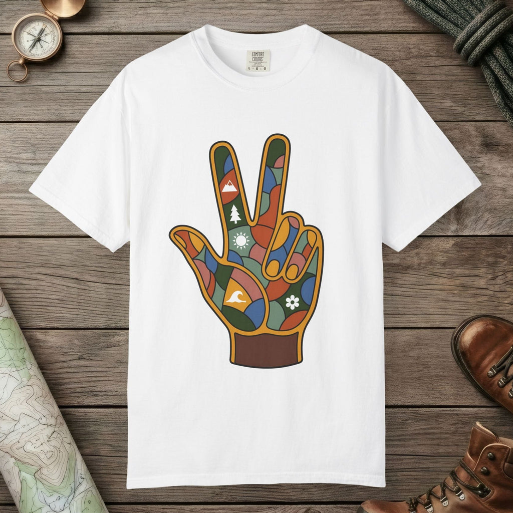 White color unisex graphic t-shirt with "Funky Peace" design