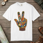 White color unisex graphic t-shirt with "Funky Peace" design