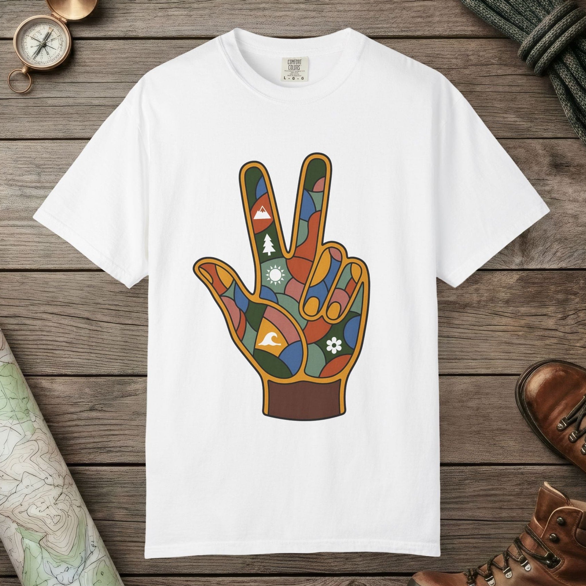 White color unisex graphic t-shirt with "Funky Peace" design