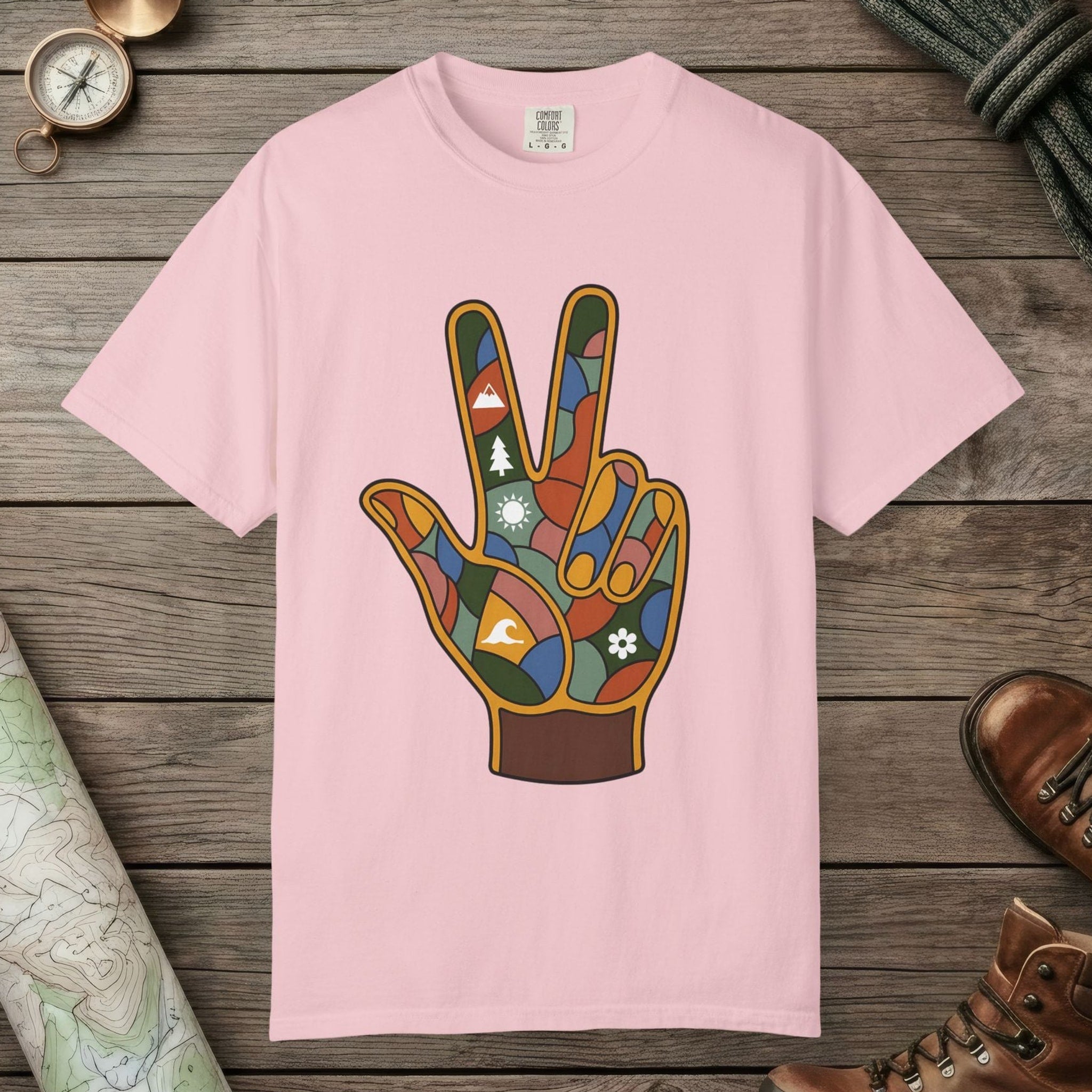 Blossom color unisex graphic t-shirt with "Funky Peace" design
