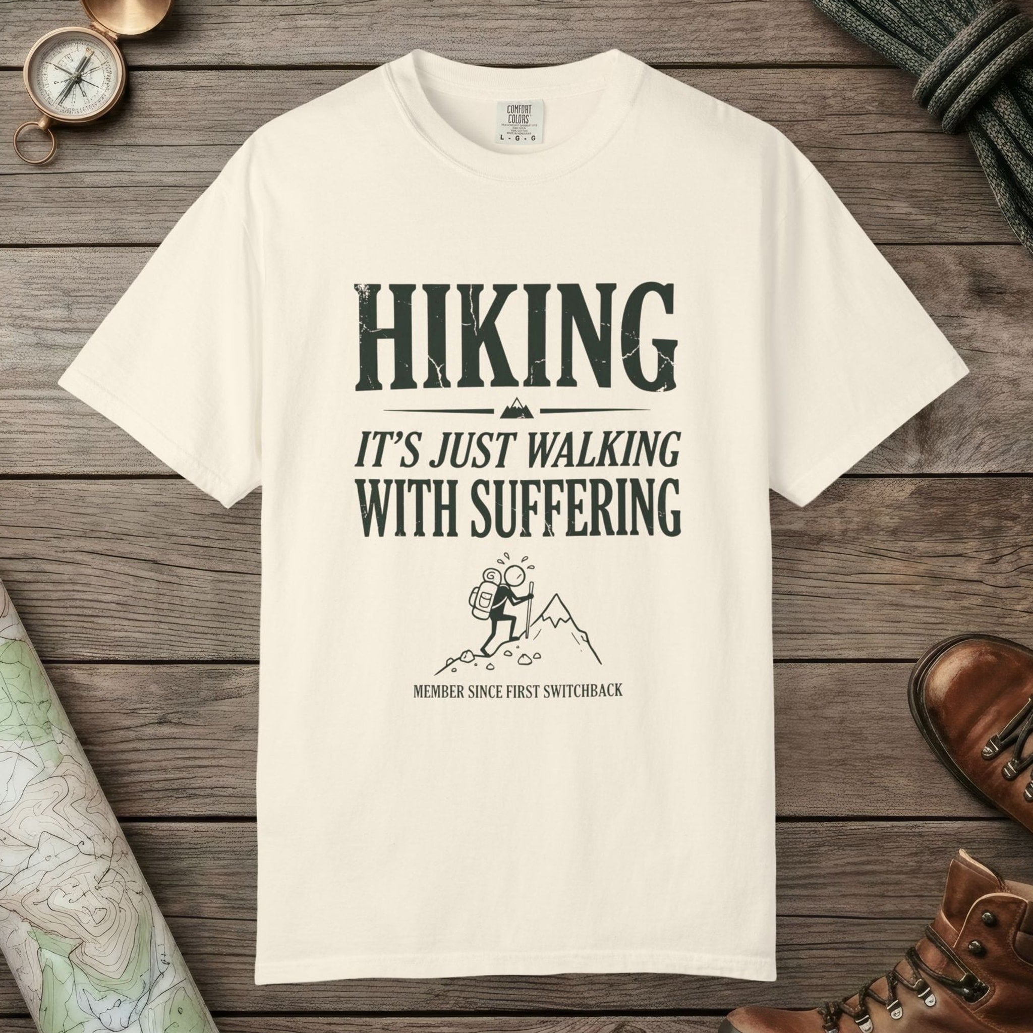 Ivory color unisex graphic t-shirt with "Funny Hiking" design