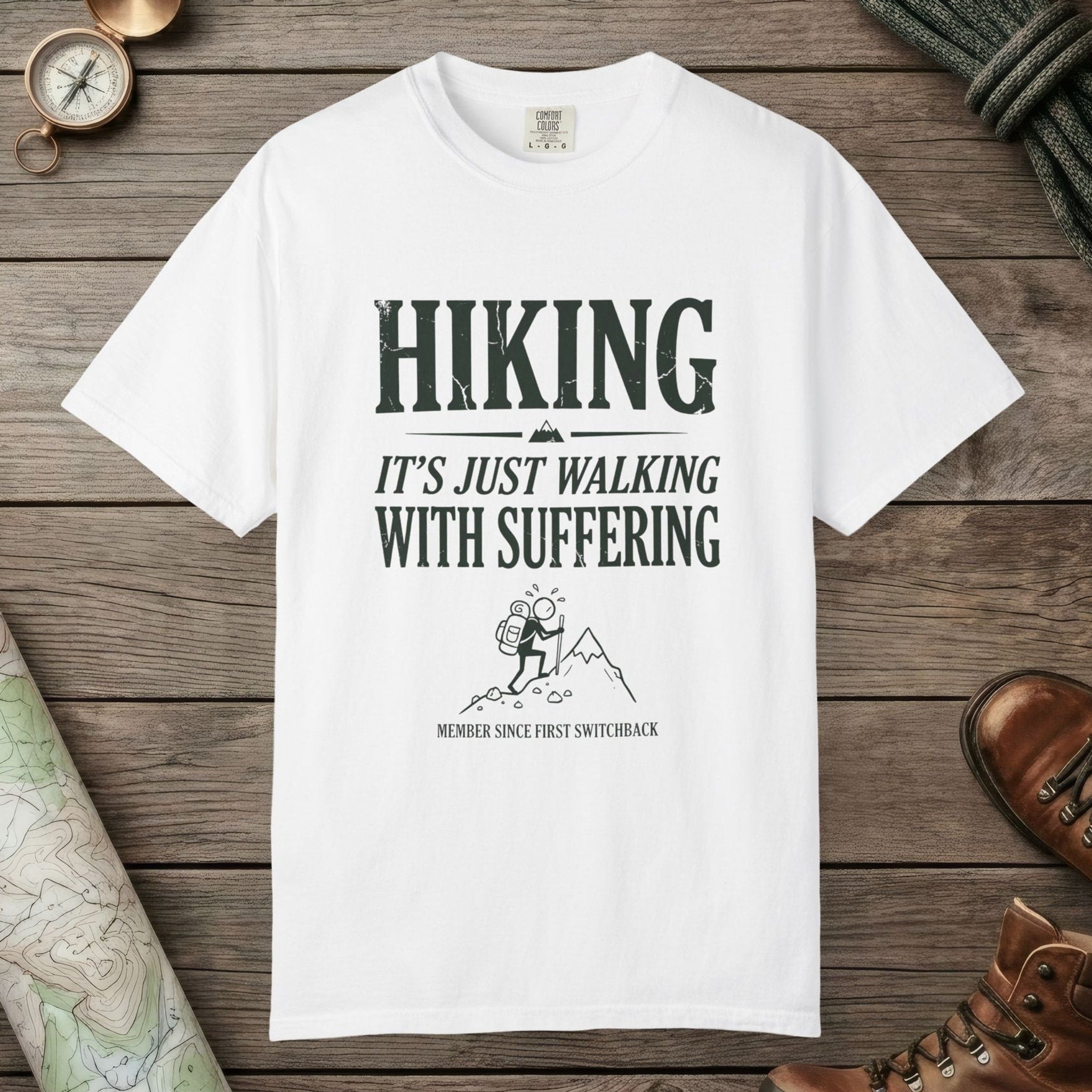 White color unisex graphic t-shirt with "Funny Hiking" design