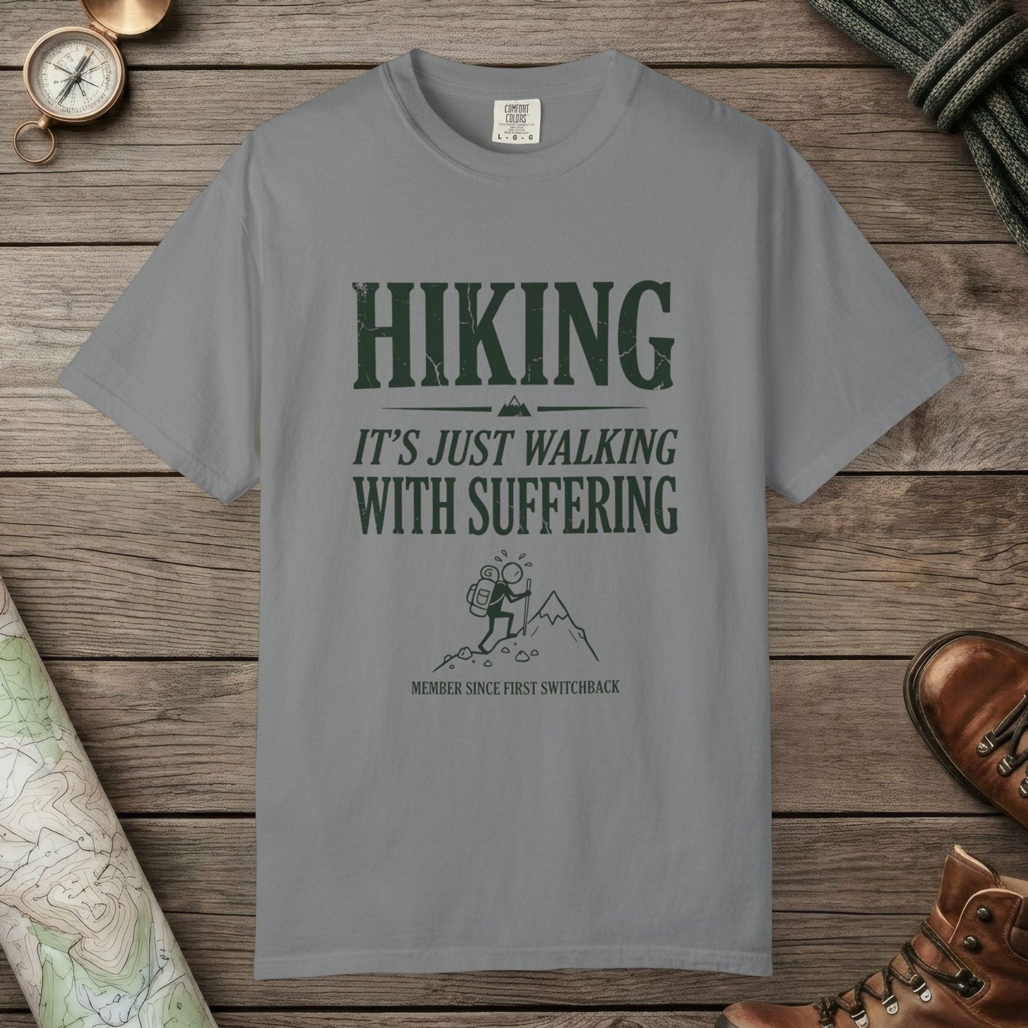 Grey color unisex graphic t-shirt with "Funny Hiking" design