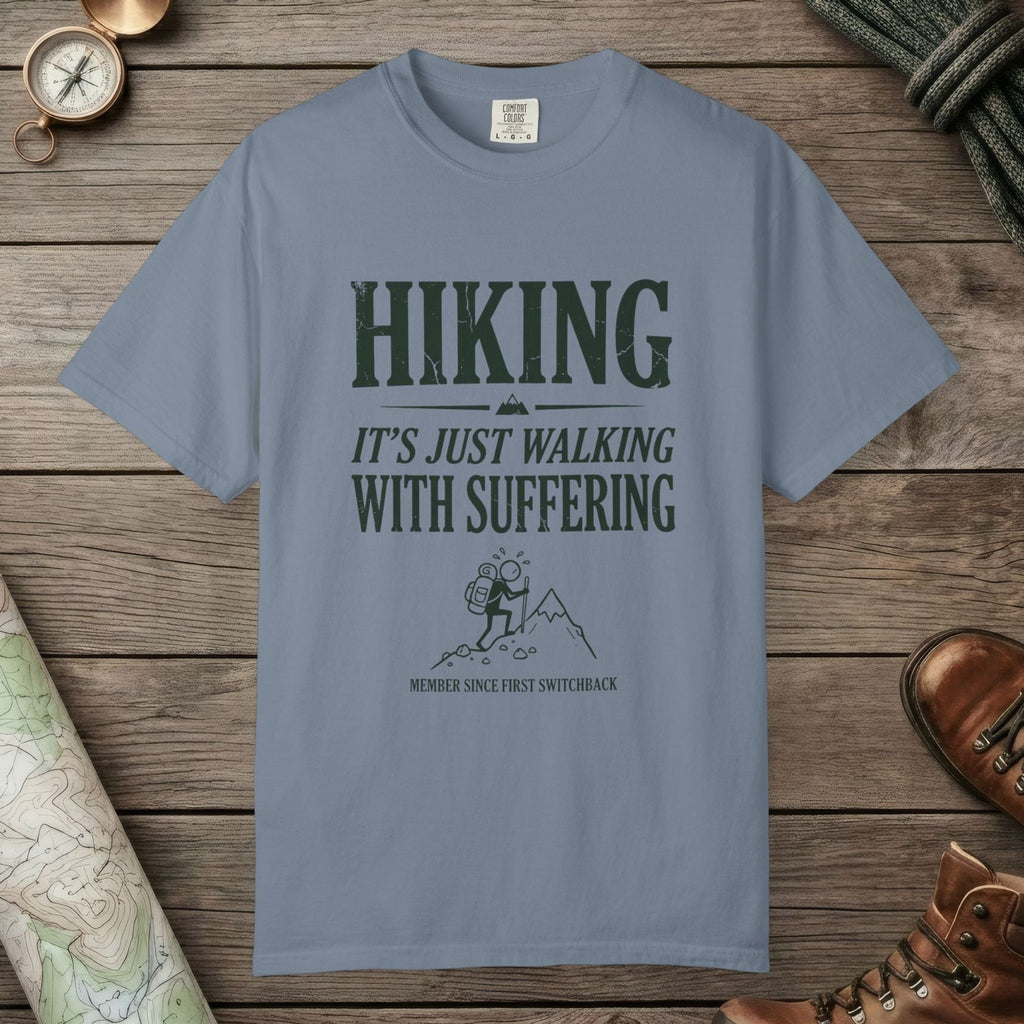 Blue Jean color unisex graphic t-shirt with "Funny Hiking" design