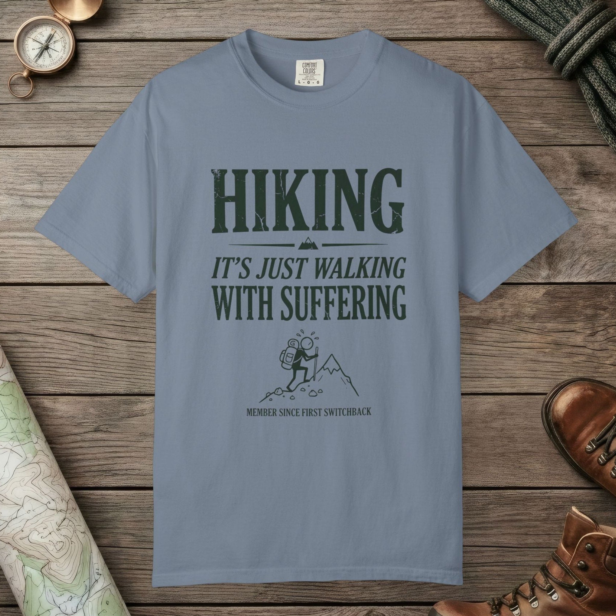 Blue Jean color unisex graphic t-shirt with "Funny Hiking" design