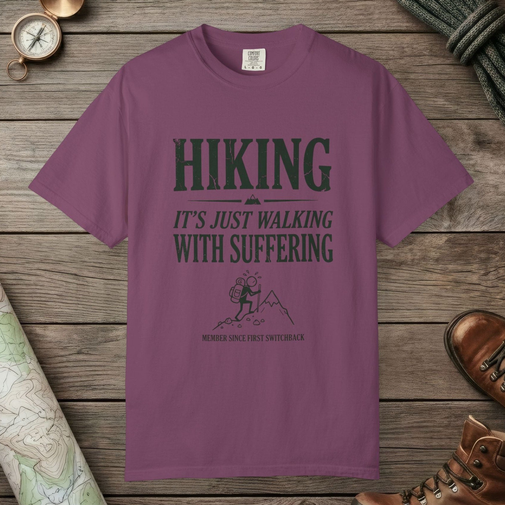 Berry color unisex graphic t-shirt with "Funny Hiking" design