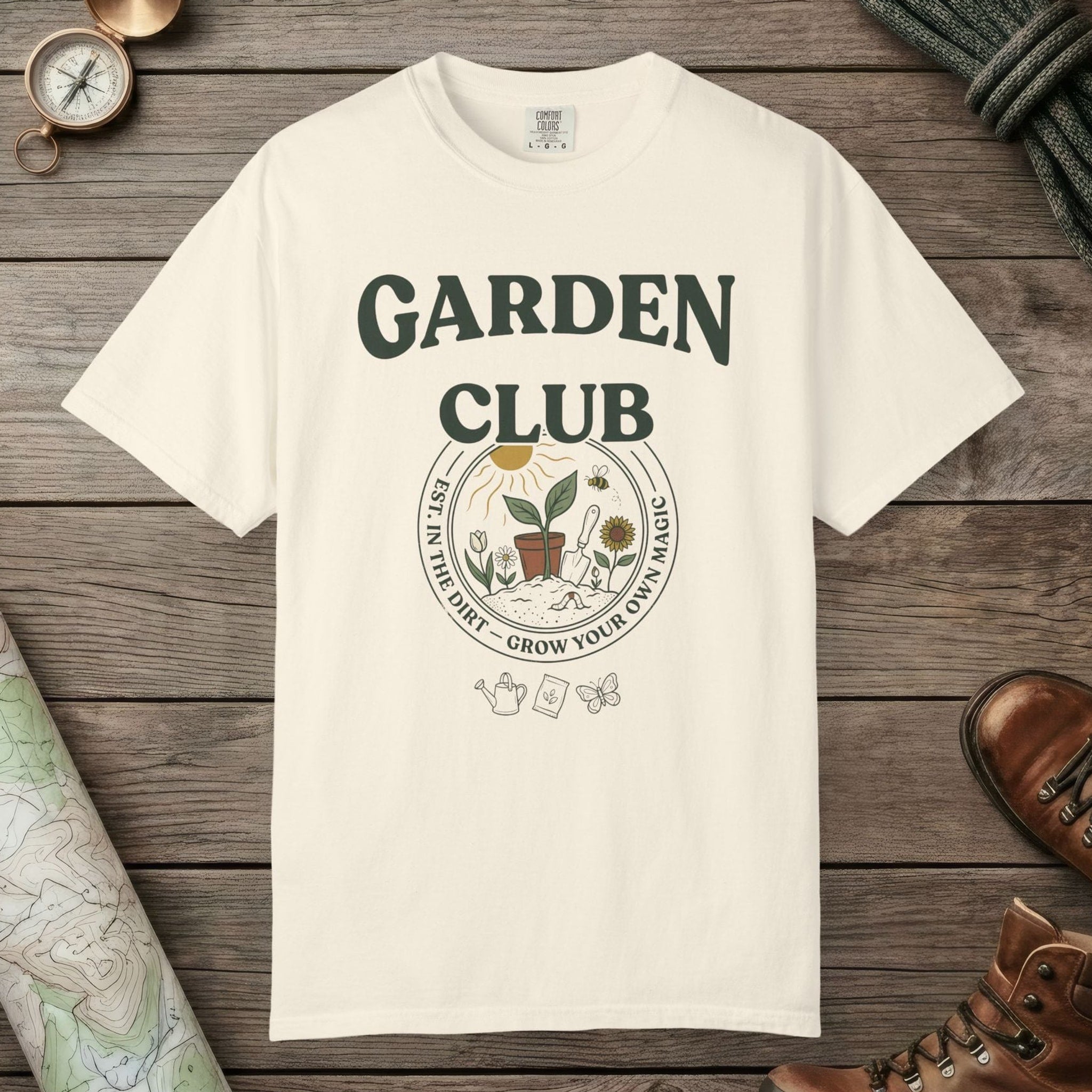 Ivory color unisex graphic t-shirt with "Garden Club Vintage" design