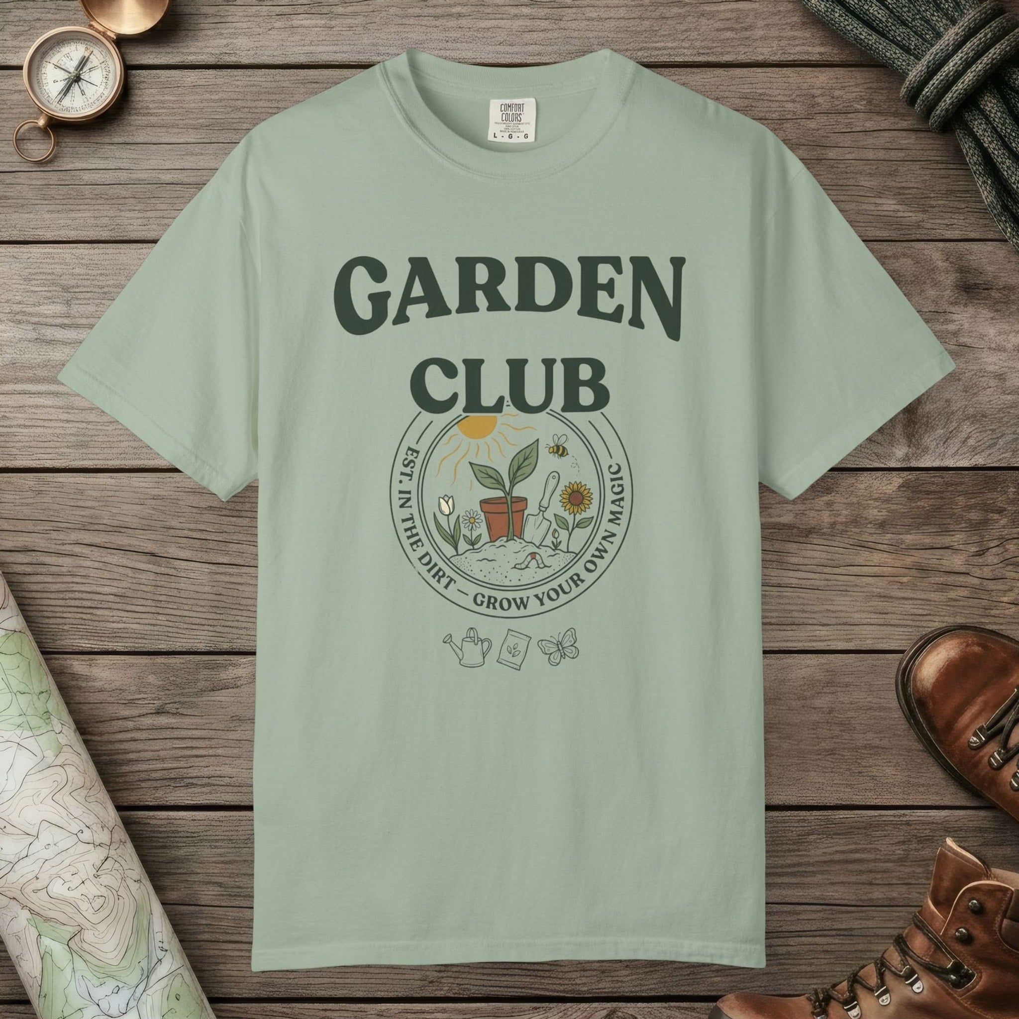 Bay color unisex graphic t-shirt with "Garden Club Vintage" design