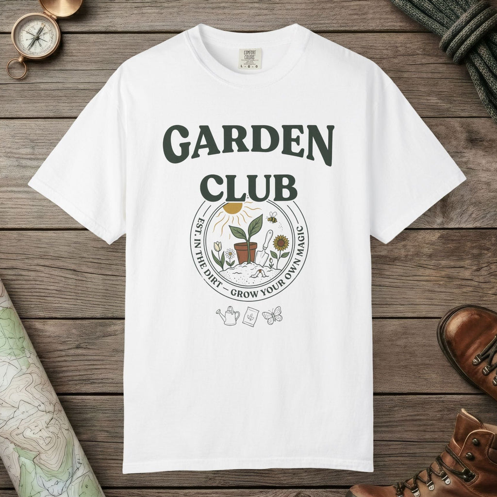 White color unisex graphic t-shirt with "Garden Club Vintage" design