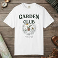 White color unisex graphic t-shirt with "Garden Club Vintage" design
