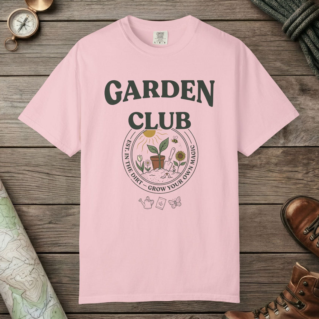 Blossom color unisex graphic t-shirt with "Garden Club Vintage" design