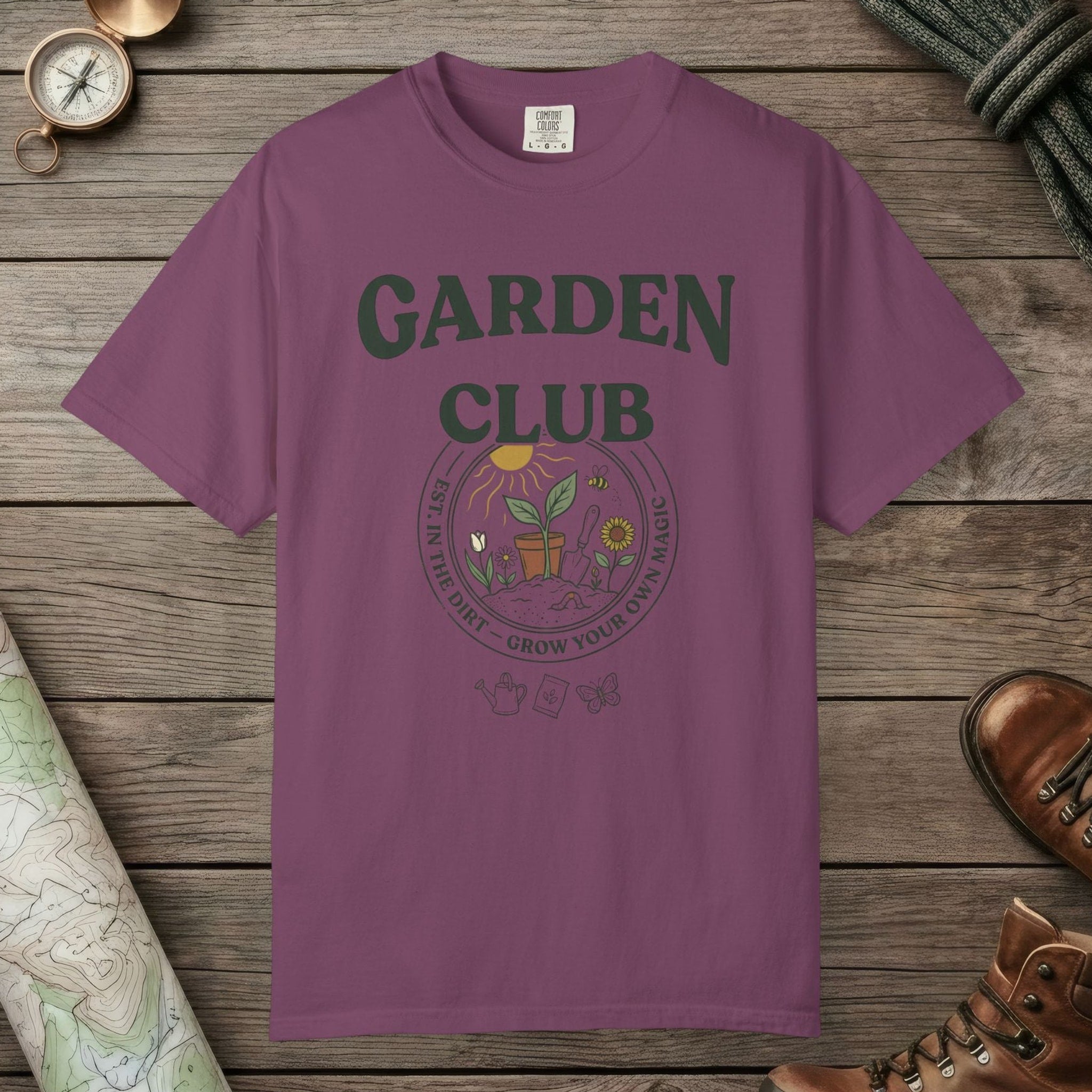 Berry color unisex graphic t-shirt with "Garden Club Vintage" design