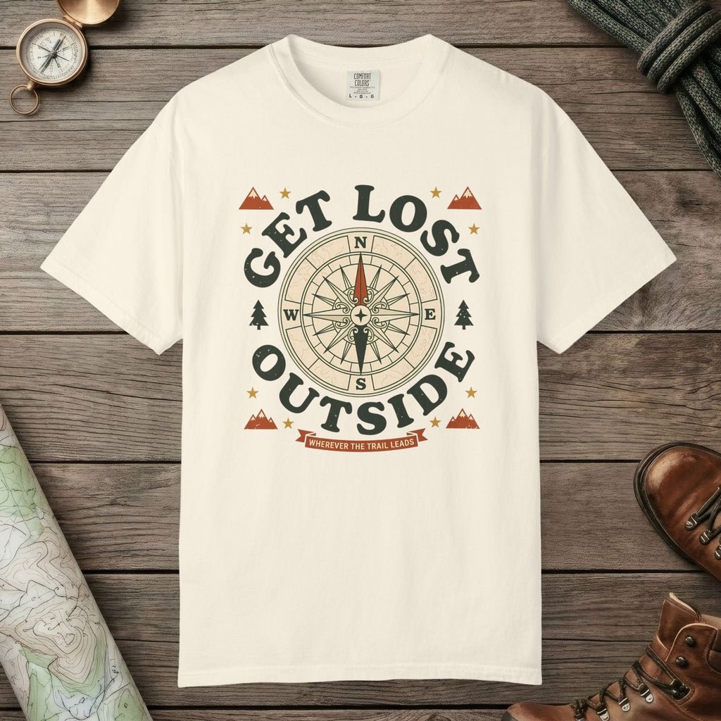Ivory color unisex graphic t-shirt with "Get Lost Outside" design