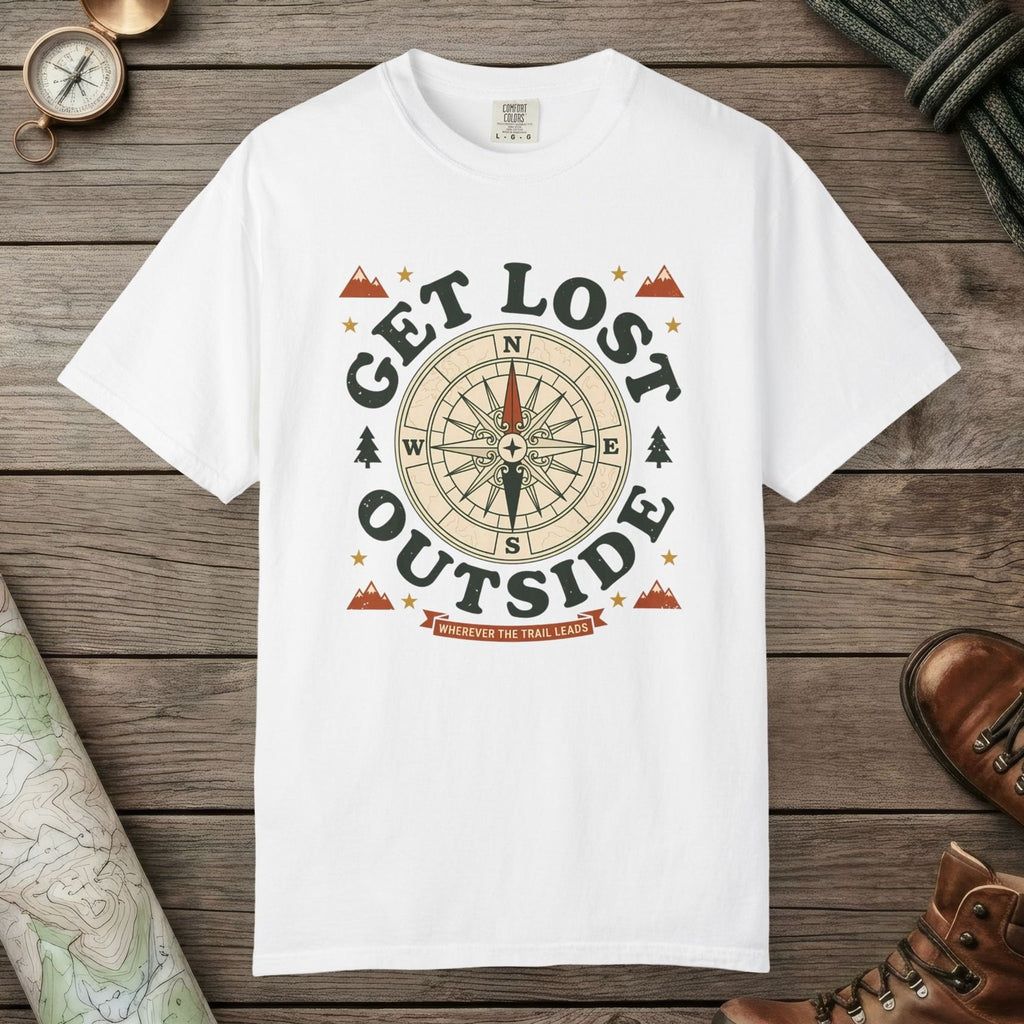 White color unisex graphic t-shirt with "Get Lost Outside" design