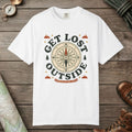 White color unisex graphic t-shirt with "Get Lost Outside" design