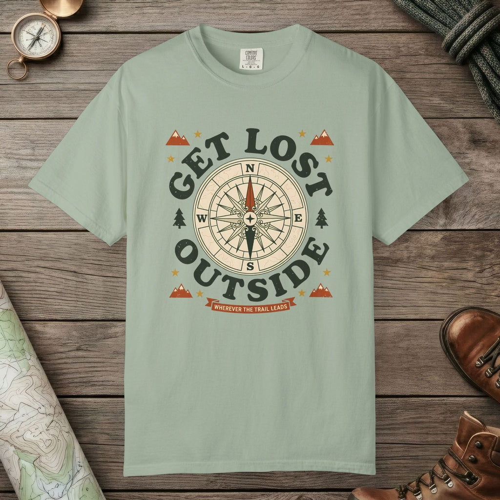 Bay color unisex graphic t-shirt with "Get Lost Outside" design