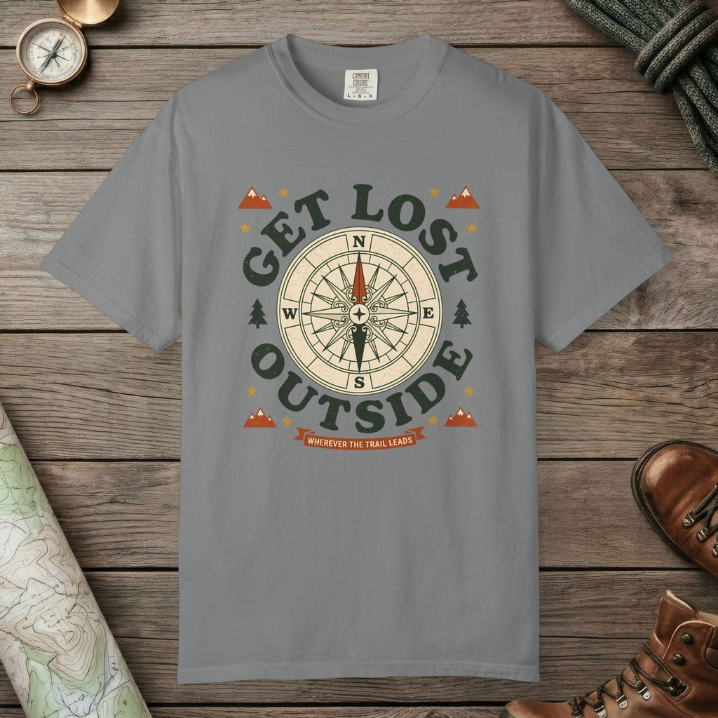 Grey color unisex graphic t-shirt with "Get Lost Outside" design