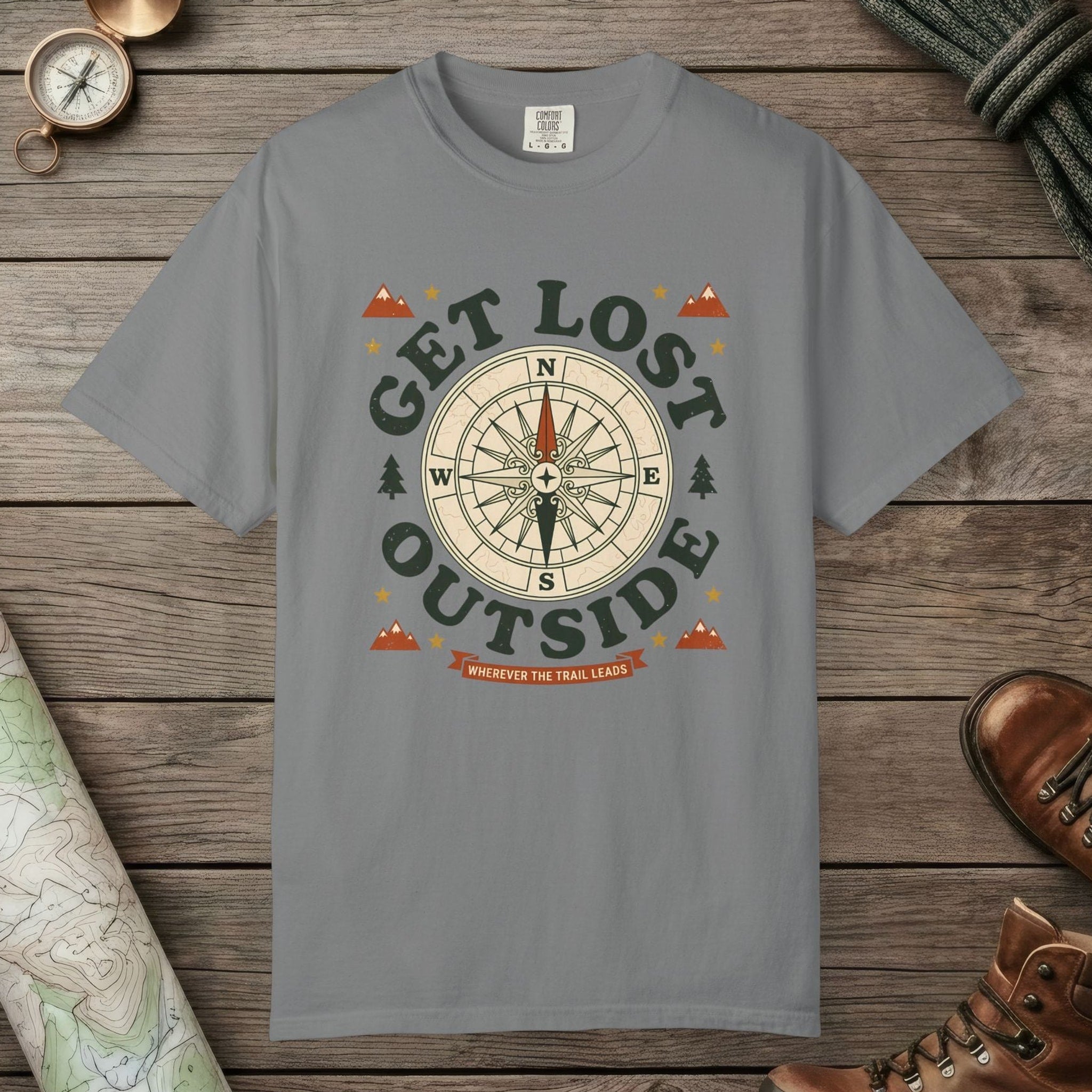 Grey color unisex graphic t-shirt with "Get Lost Outside" design