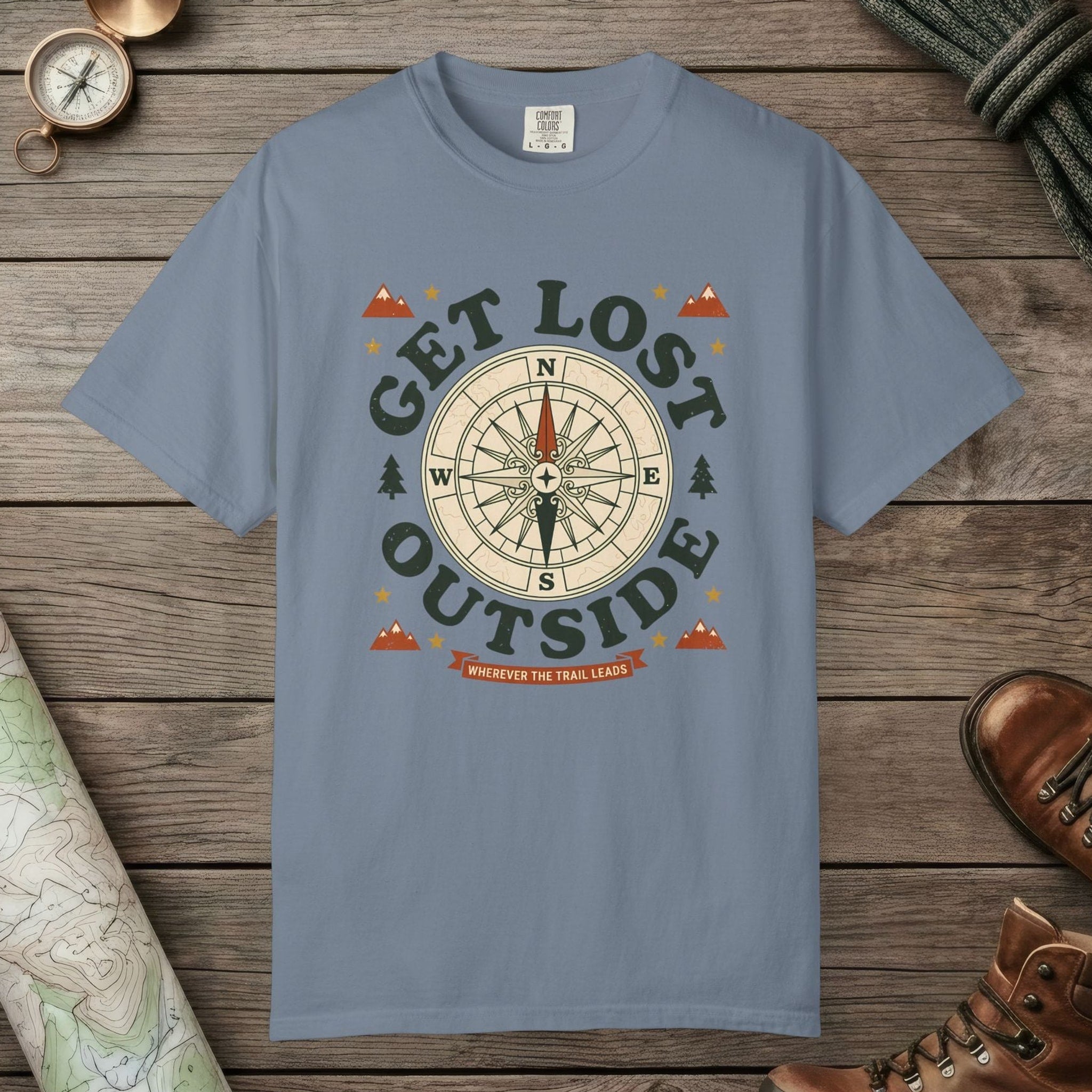 Blue Jean color unisex graphic t-shirt with "Get Lost Outside" design