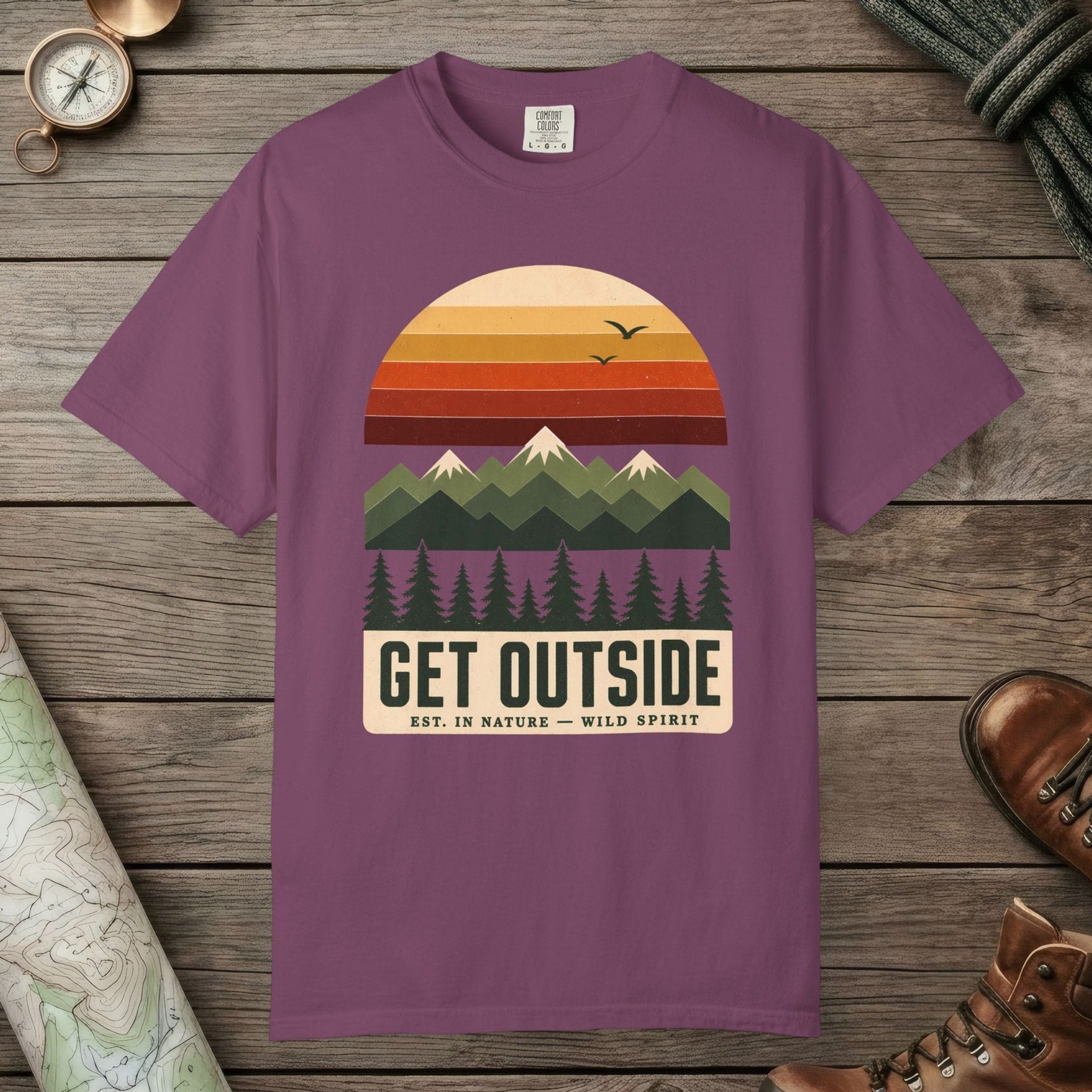 Berry color unisex graphic t-shirt with "Get Outside" design