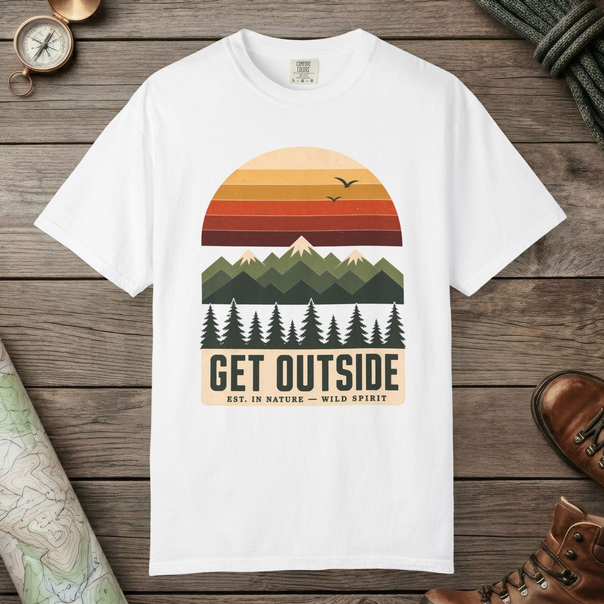 White color unisex graphic t-shirt with "Get Outside" design