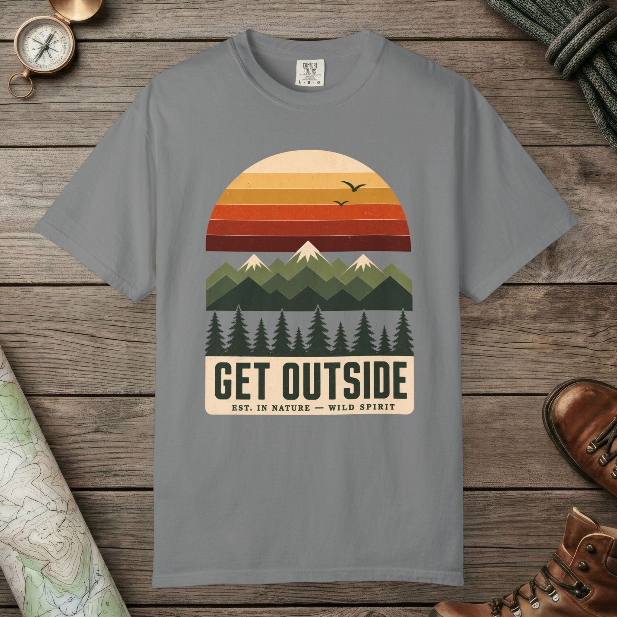 Grey color unisex graphic t-shirt with "Get Outside" design