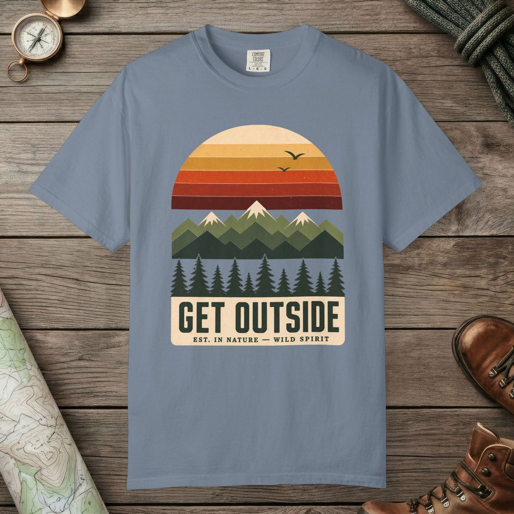 Blue Jean color unisex graphic t-shirt with "Get Outside" design