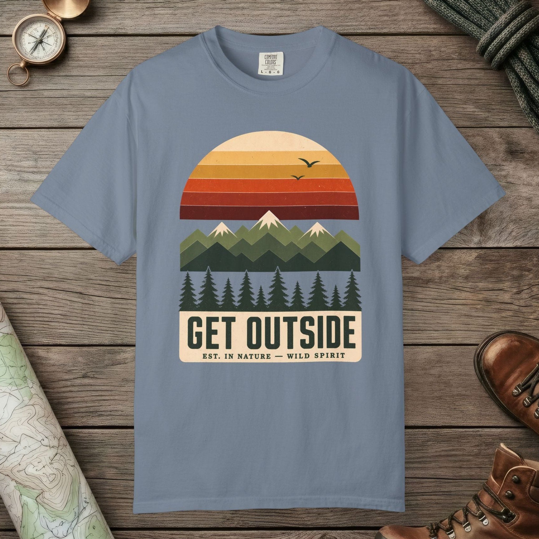 Blue Jean color unisex graphic t-shirt with "Get Outside" design