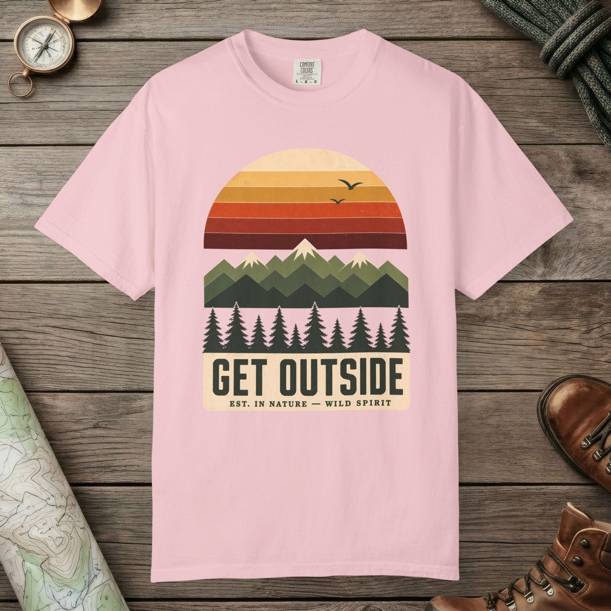 Blossom color unisex graphic t-shirt with "Get Outside" design